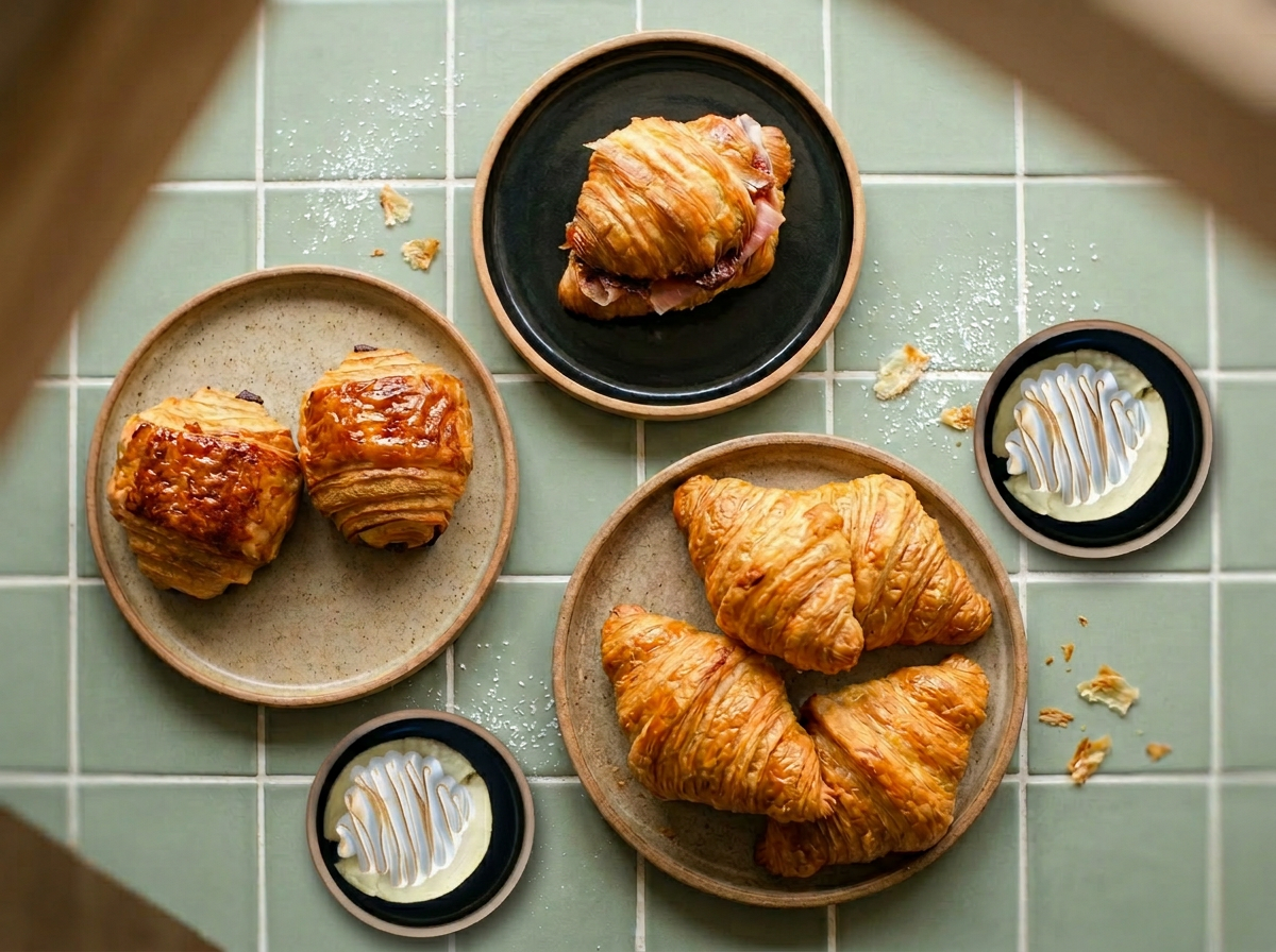 Croissants, pain au chocolat y croissant con jamón crudo de Pil Pil