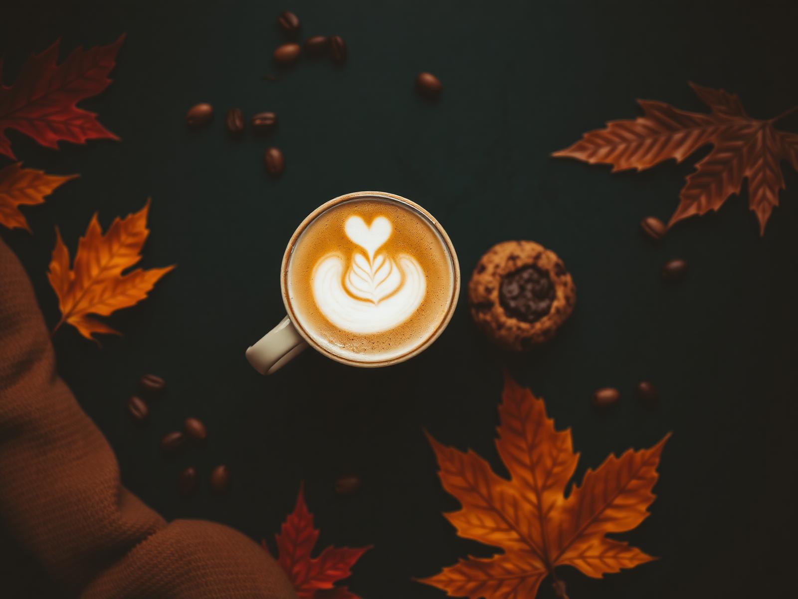 Café flat white con arte latte sobre mesa verde con hojas de otoño